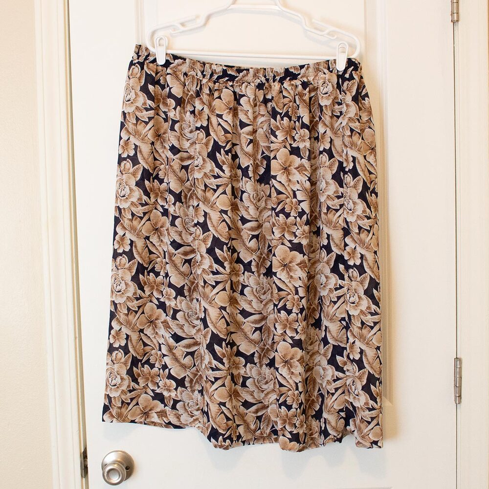 Botanical VTG 90s Skirt Black Tan Floral Elastic Waist Midi 18W | Soft Autumn